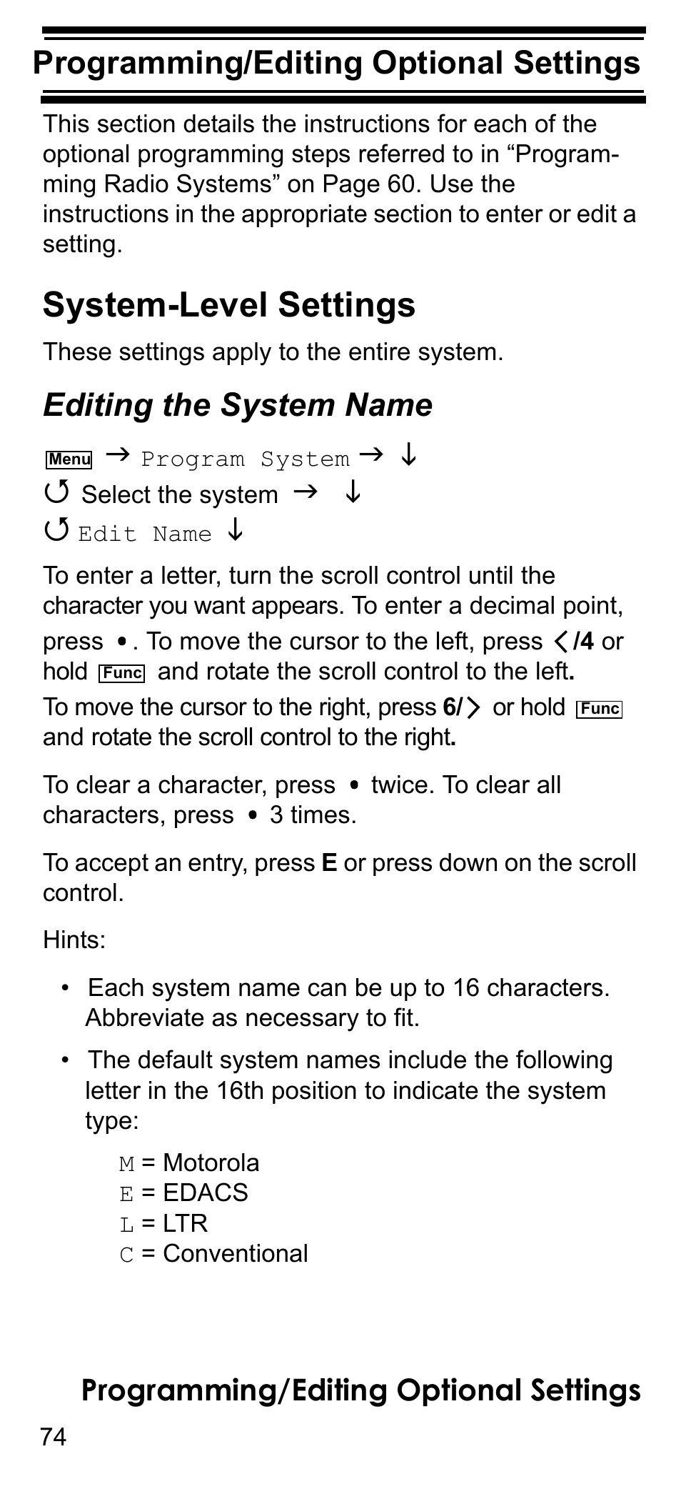 Programming/editing optional settings, System-level settings, Editing the system name | Programming/editing optional set- tings | Uniden BCD396T User Manual | Page 74 / 154