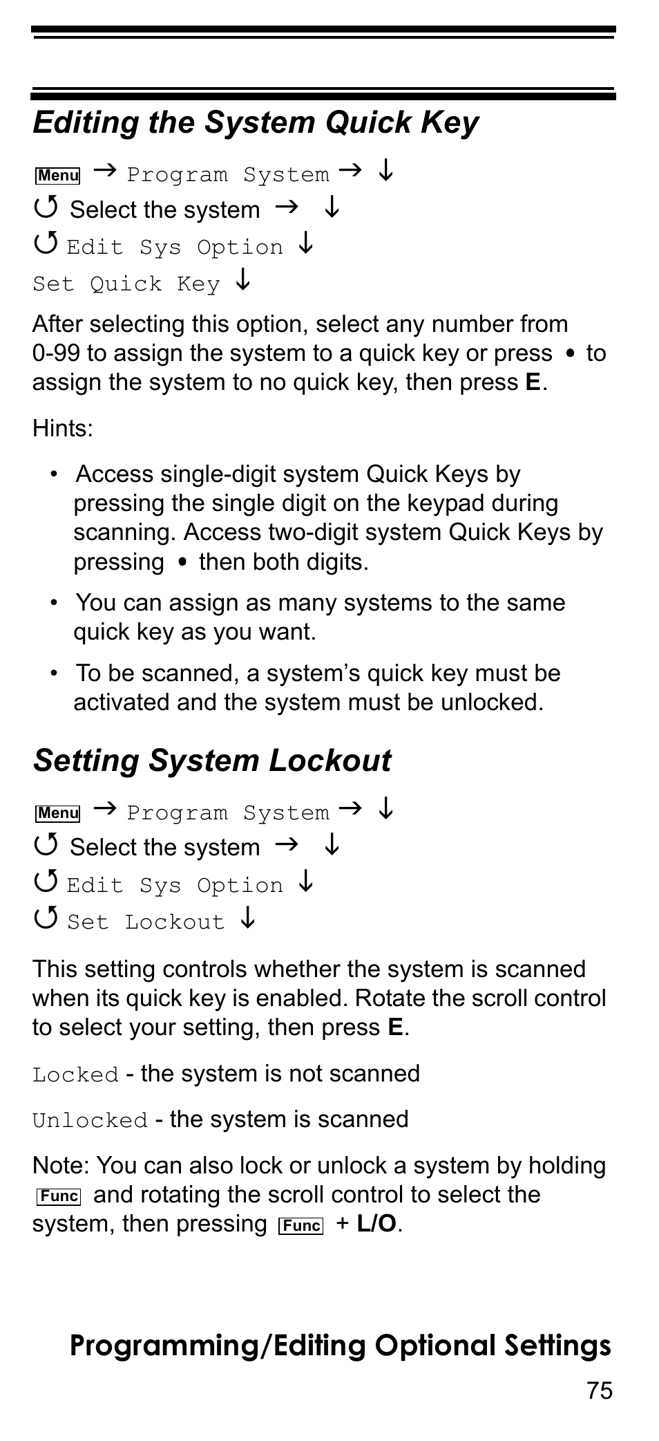 Editing the system quick key, Setting system lockout, Programming/editing optional settings | Uniden BCD396T User Manual | Page 75 / 154