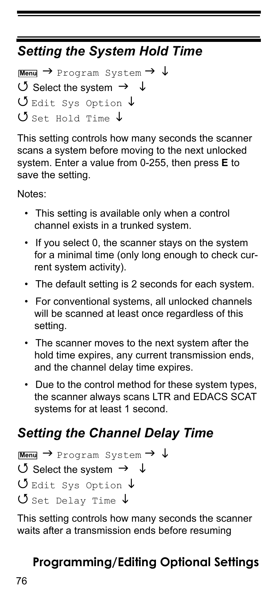 Setting the system hold time, Setting the channel delay time, Q set delay time i | Programming/editing optional settings | Uniden BCD396T User Manual | Page 76 / 154