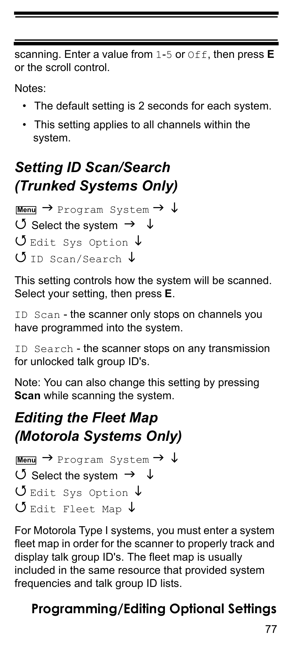 Setting id scan/search (trunked systems only), Editing the fleet map (motorola systems only), Setting id scan/search (trunked systems | Editing the fleet map (motorola systems, Setting id scan/search, Trunked systems only), Editing the fleet map, Motorola systems only) | Uniden BCD396T User Manual | Page 77 / 154