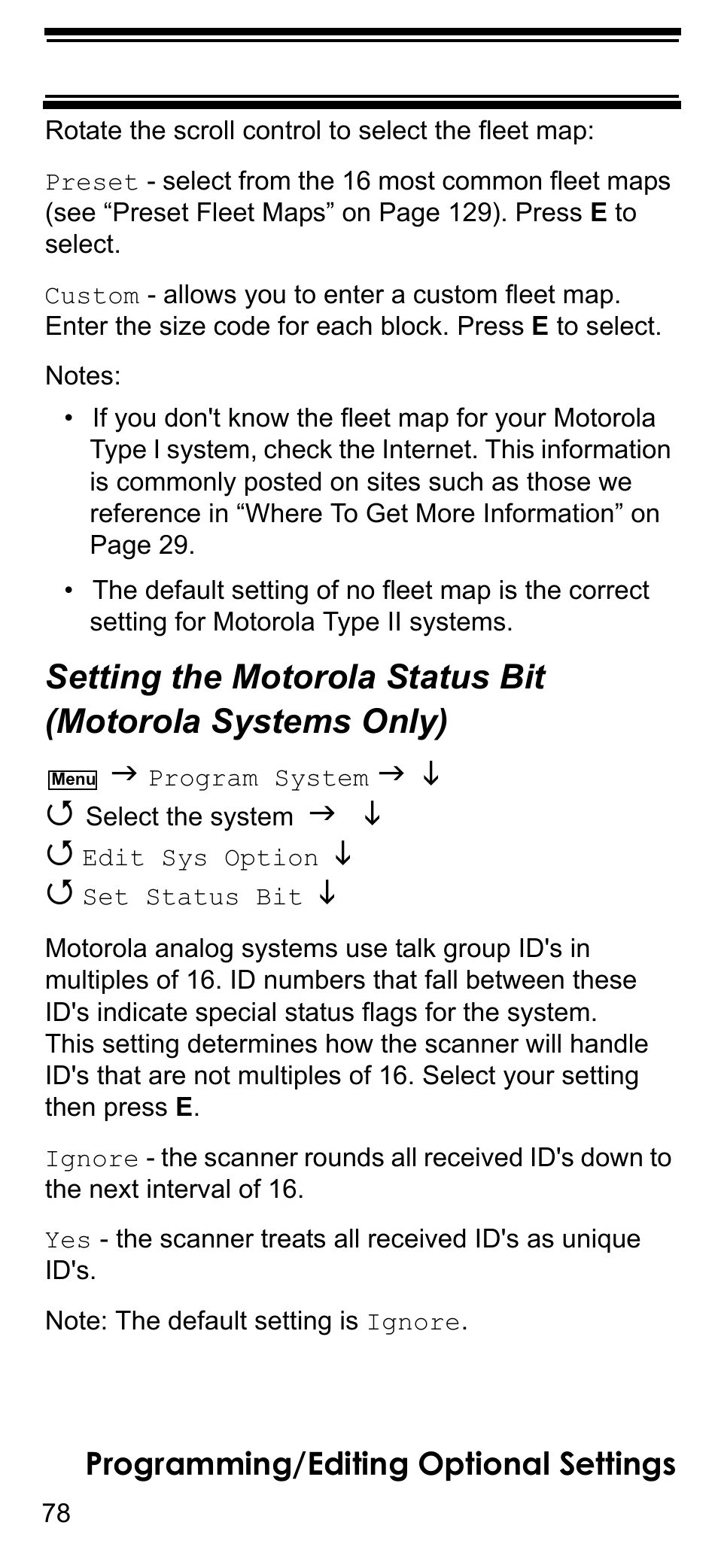 E“setting the motorola status bit (motorola sys, Setting the motorola status bit, Motorola systems only) | Programming/editing optional settings | Uniden BCD396T User Manual | Page 78 / 154