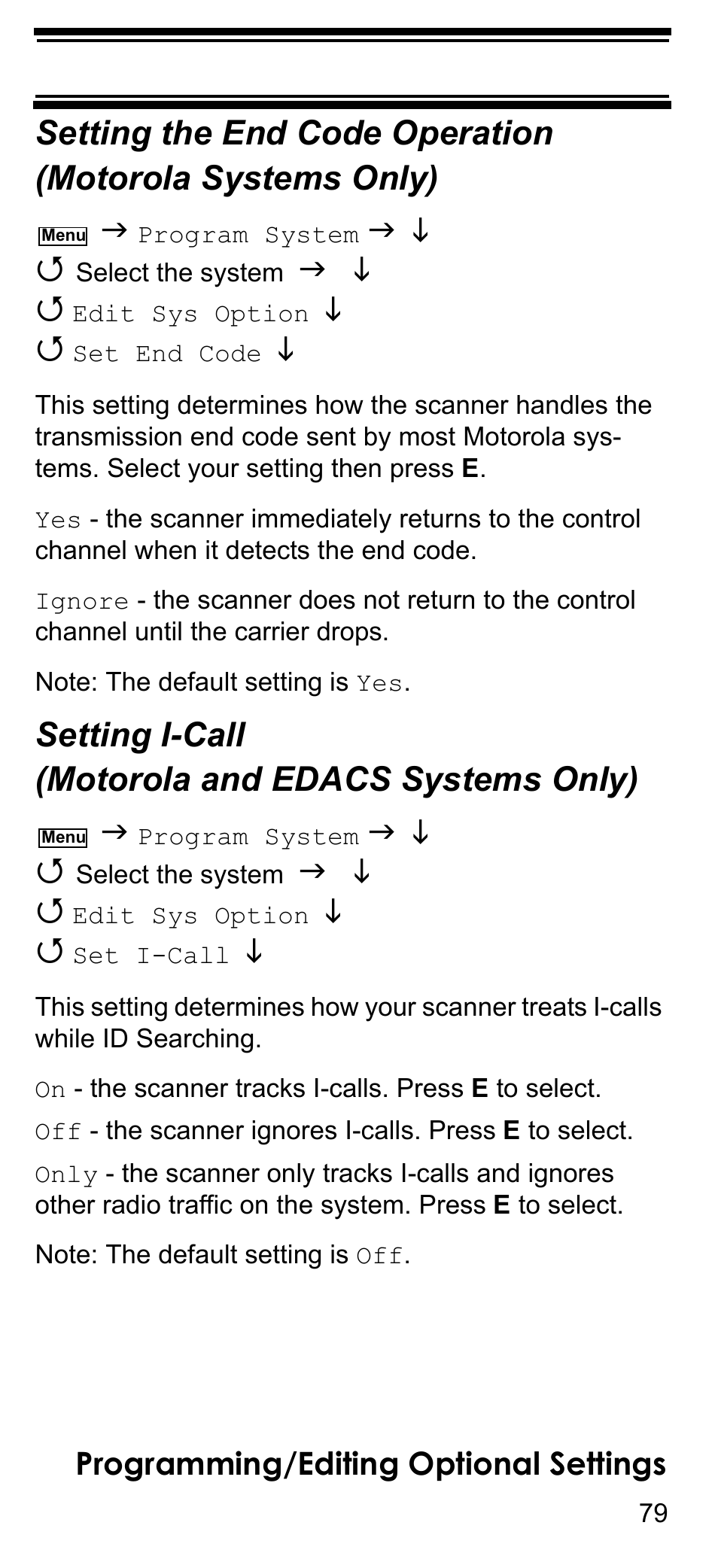 Setting i-call (motorola and edacs systems only), Setting the end code operation (motorola, Setting i-call (motorola and edacs sys | Setting the end code operation, Motorola systems only), Setting i-call, Motorola and edacs systems only) | Uniden BCD396T User Manual | Page 79 / 154