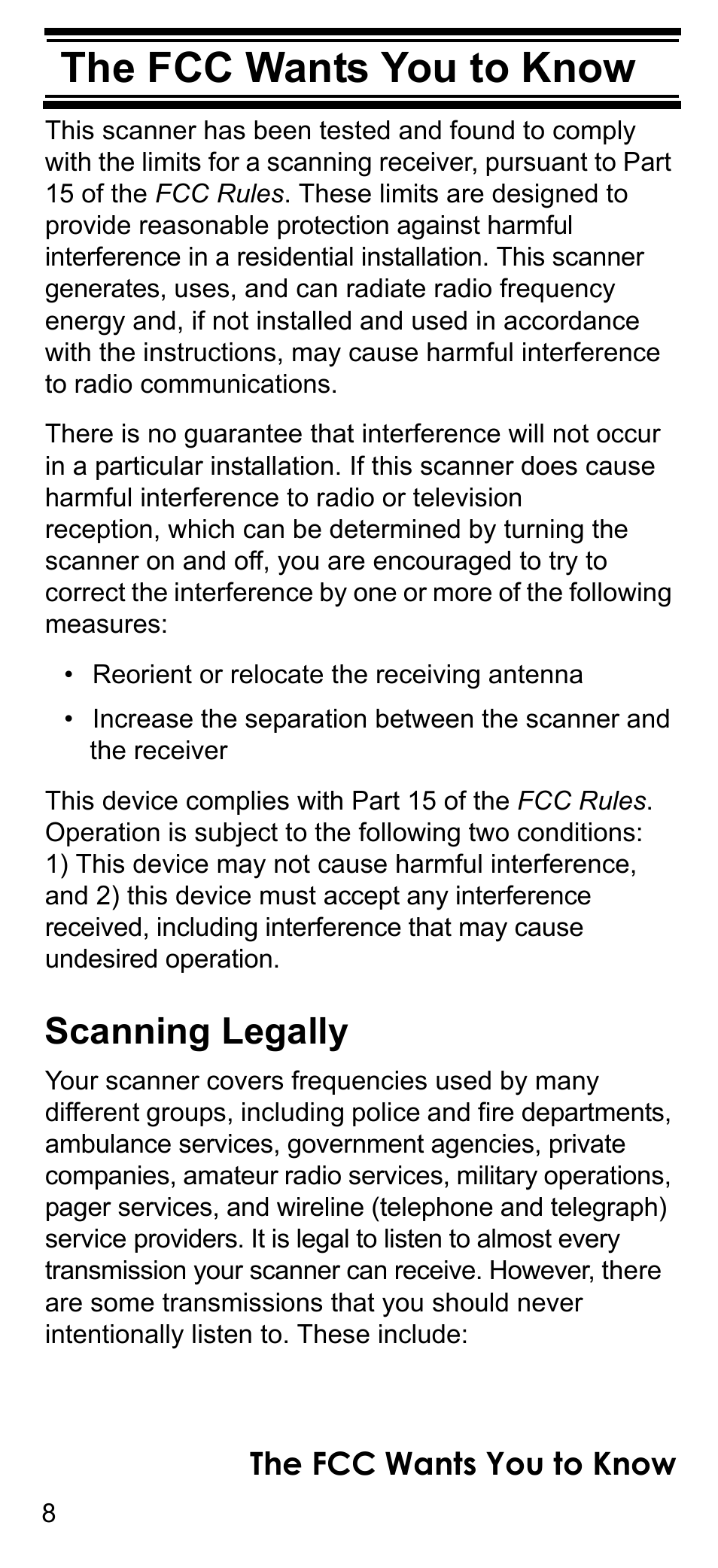 The fcc wants you to know, Scanning legally | Uniden BCD396T User Manual | Page 8 / 154