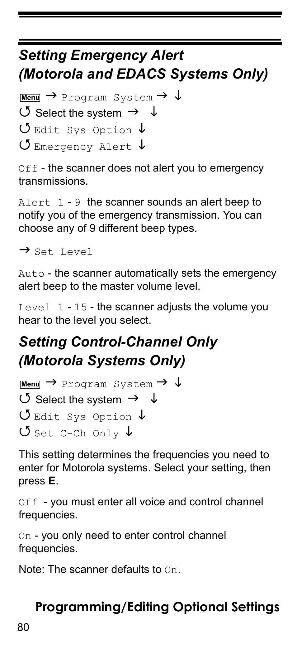 Setting emergency alert (motorola and, Setting control-channel only (motorola sys, Setting emergency alert | Motorola and edacs systems only), Setting control-channel only, Motorola systems only) | Uniden BCD396T User Manual | Page 80 / 154