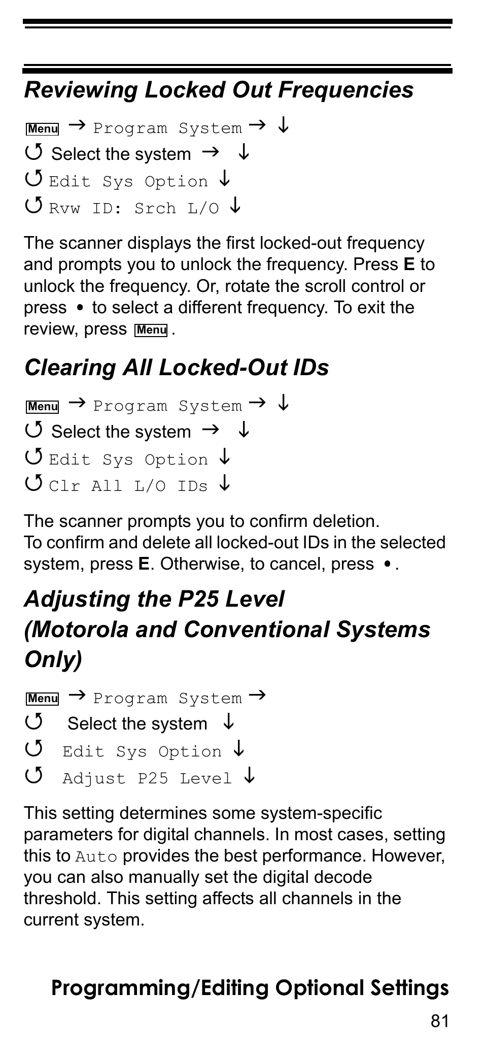 Reviewing locked out frequencies, Clearing all locked-out ids, Adjusting the p25 level (motorola and con | Adjusting the p25 level, Motorola and conventional systems only) | Uniden BCD396T User Manual | Page 81 / 154