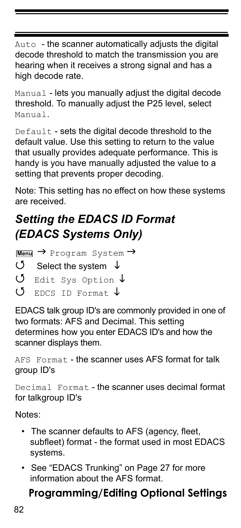 Setting the edacs id format (edacs systems only), Setting the edacs id format (edacs sys, Setting the edacs id format | Edacs systems only), Programming/editing optional settings | Uniden BCD396T User Manual | Page 82 / 154