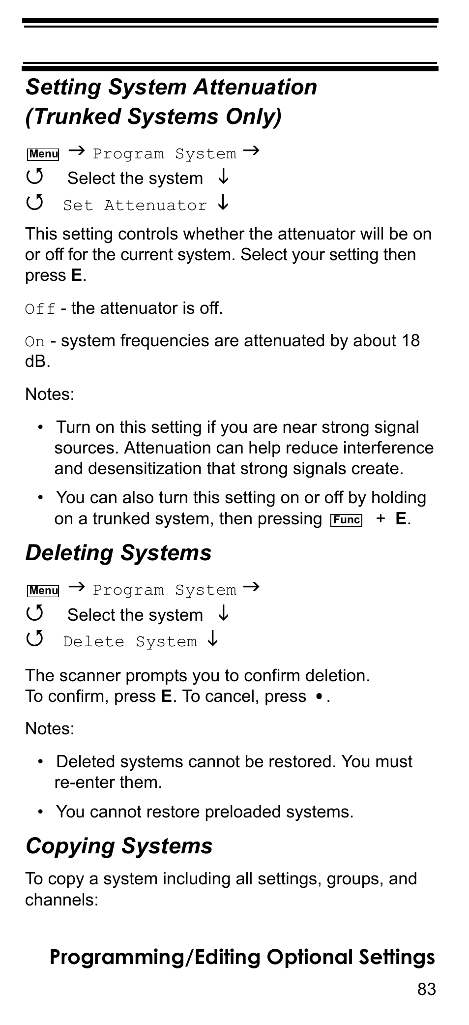 Setting system attenuation (trunked systems only), Deleting systems, Copying systems | Ee “deleting systems” on, Setting system attenuation (trunked sys, Setting system attenuation, Trunked systems only), Programming/editing optional settings | Uniden BCD396T User Manual | Page 83 / 154