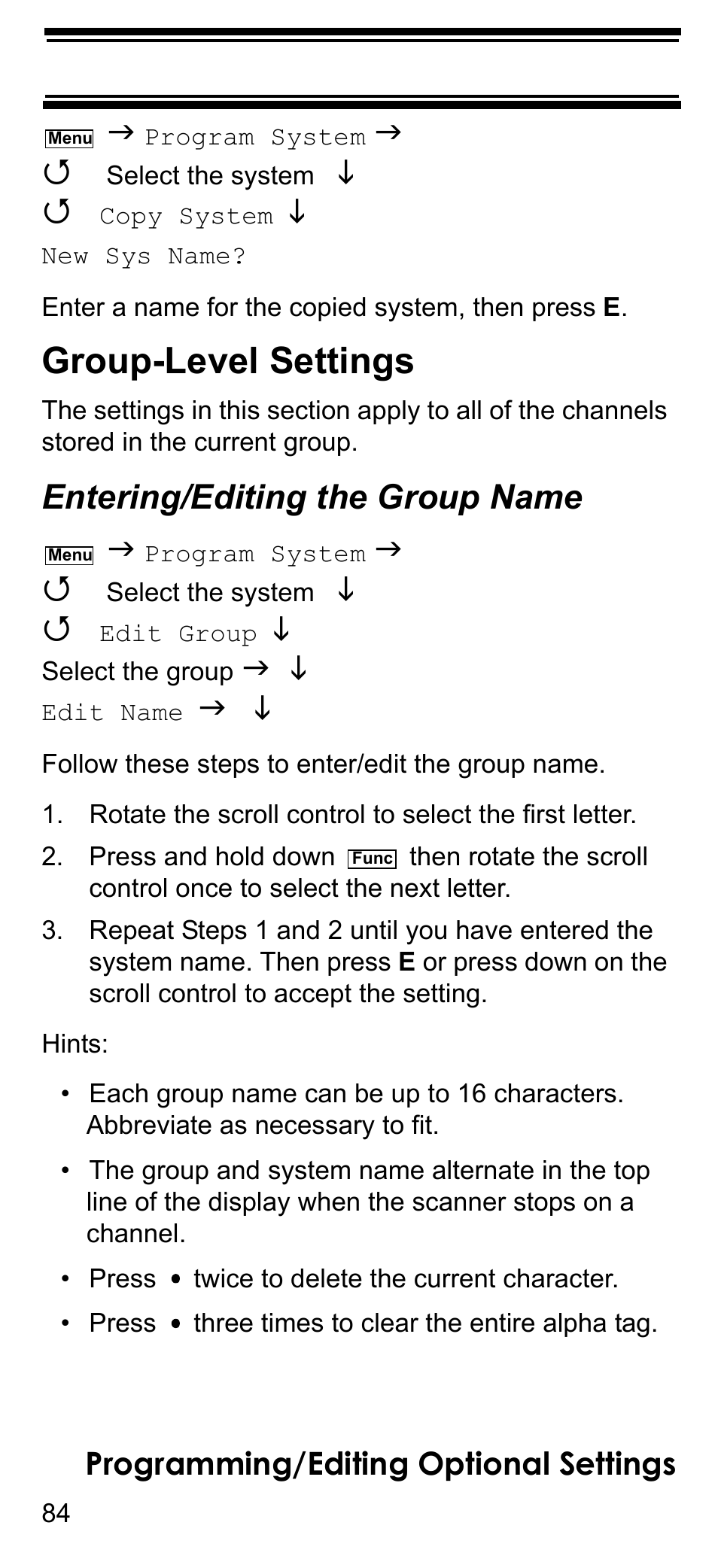 Group-level settings, Entering/editing the group name, Entering/editing the group name” on | Programming/editing optional settings | Uniden BCD396T User Manual | Page 84 / 154