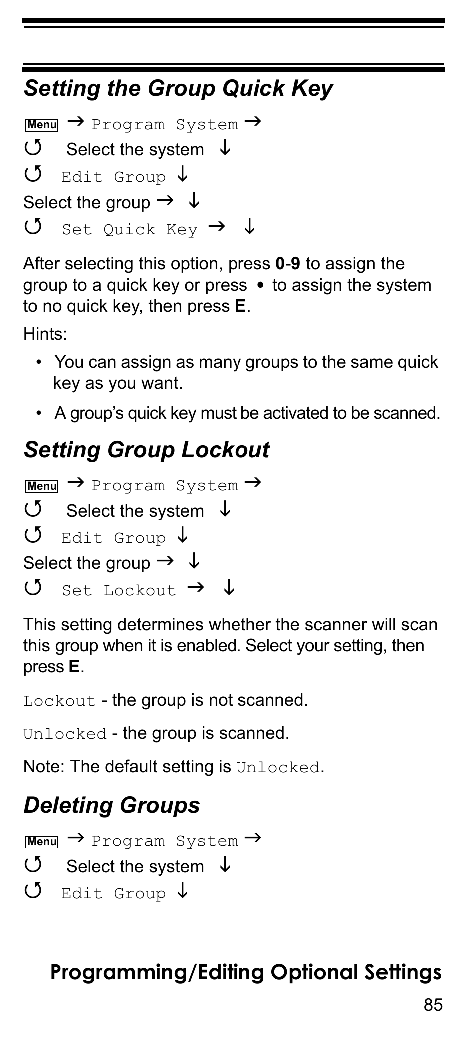 Setting the group quick key, Setting group lockout, Deleting groups | Uniden BCD396T User Manual | Page 85 / 154