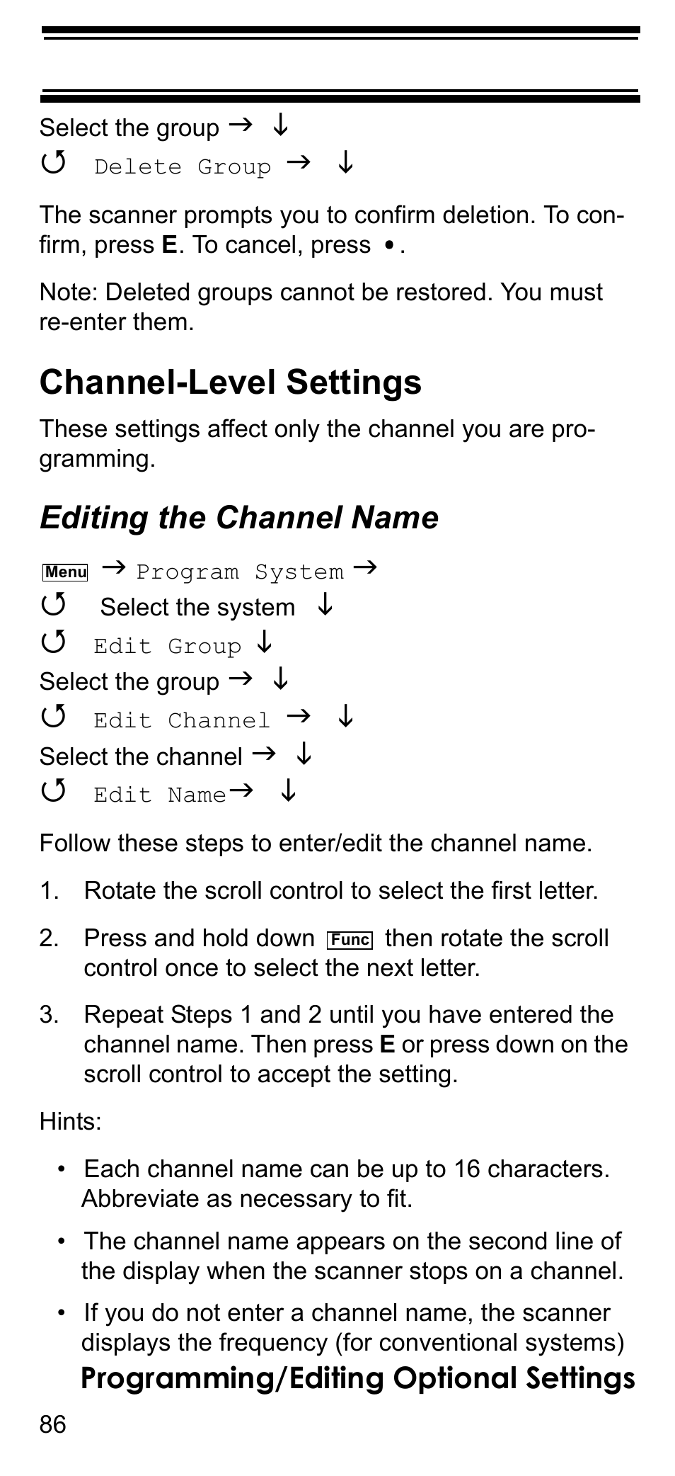 Channel-level settings, Editing the channel name, Programming/editing optional settings | Uniden BCD396T User Manual | Page 86 / 154