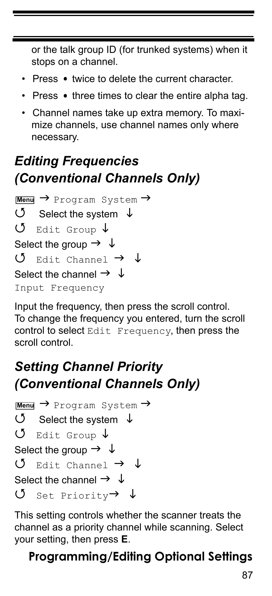 Editing frequencies (conventional channels only), Editing frequencies (conventional channels, Setting channel priority (conventional | Editing frequencies, Conventional channels only), Setting channel priority | Uniden BCD396T User Manual | Page 87 / 154