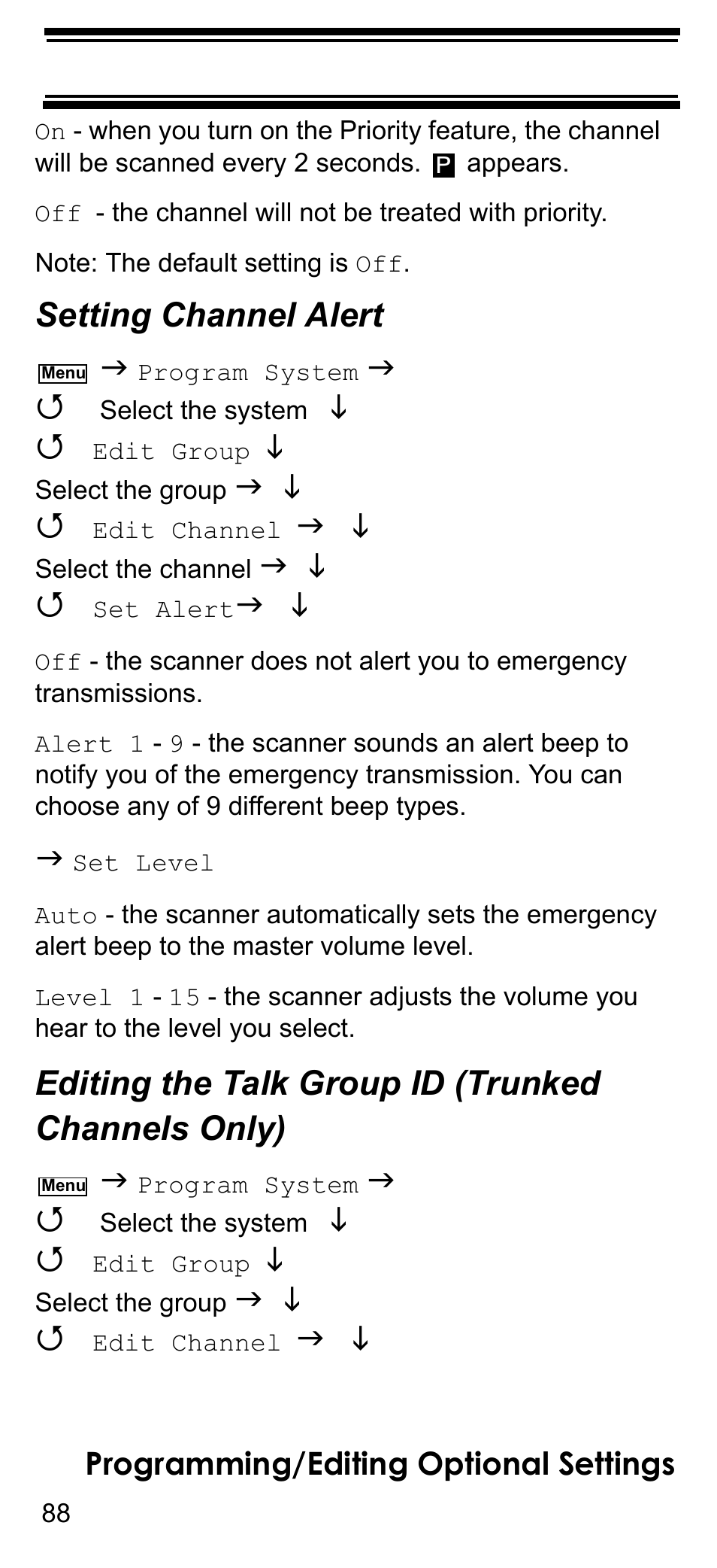 Setting channel alert, Editing the talk group id (trunked channels only), Ee “editing the talk group id (trunked channels | Editing the talk group id (trunked channels, Programming/editing optional settings | Uniden BCD396T User Manual | Page 88 / 154