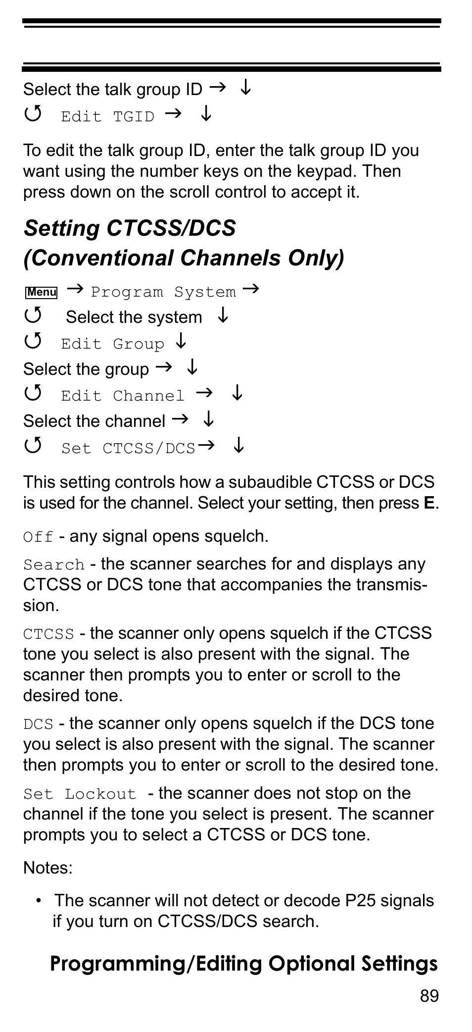 Setting ctcss/dcs (conventional channels only), Setting ctcss/dcs, Conventional channels only) | Uniden BCD396T User Manual | Page 89 / 154