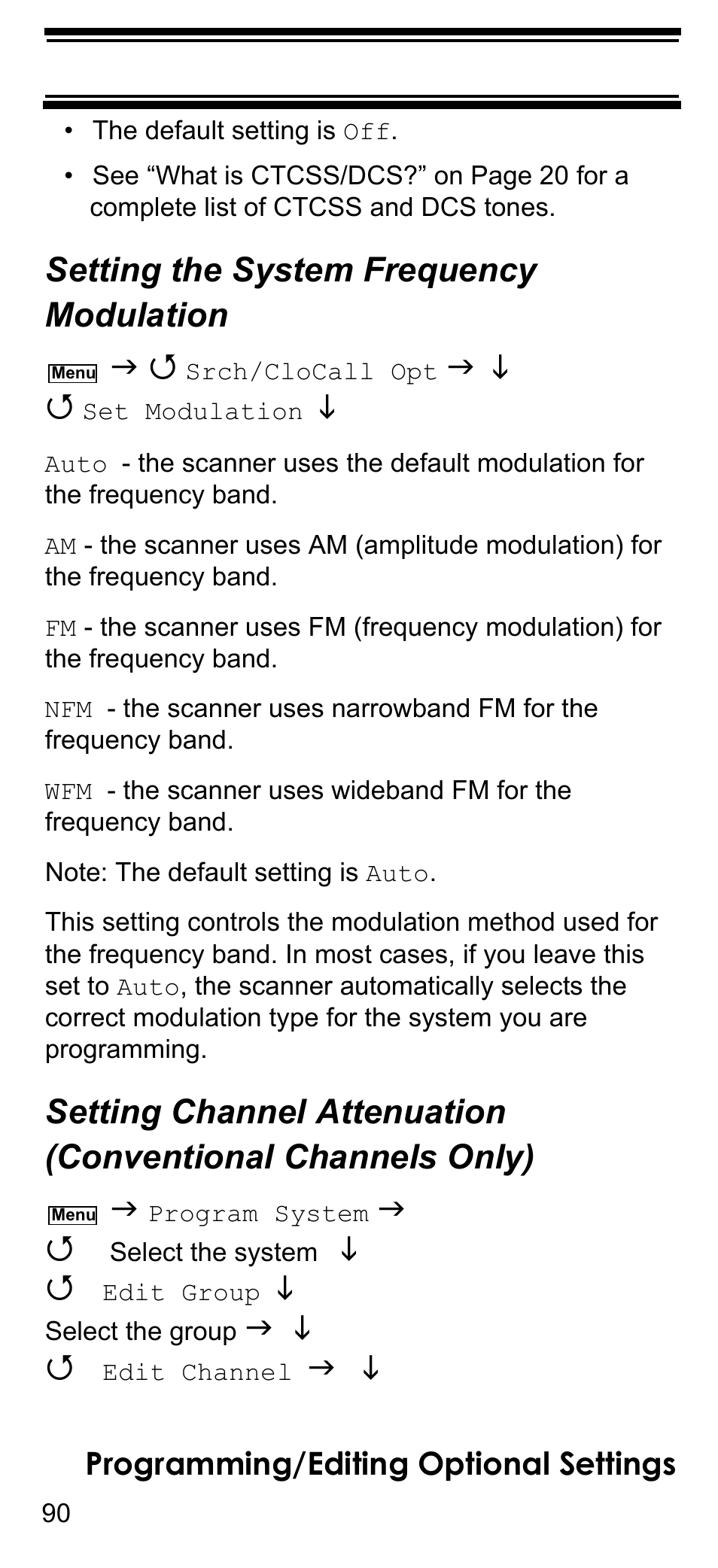 Setting the system frequency modulation, Setting channel attenuation (conventional, Setting the system frequency | Modulation, Setting channel attenuation, Conventional channels only), Programming/editing optional settings | Uniden BCD396T User Manual | Page 90 / 154