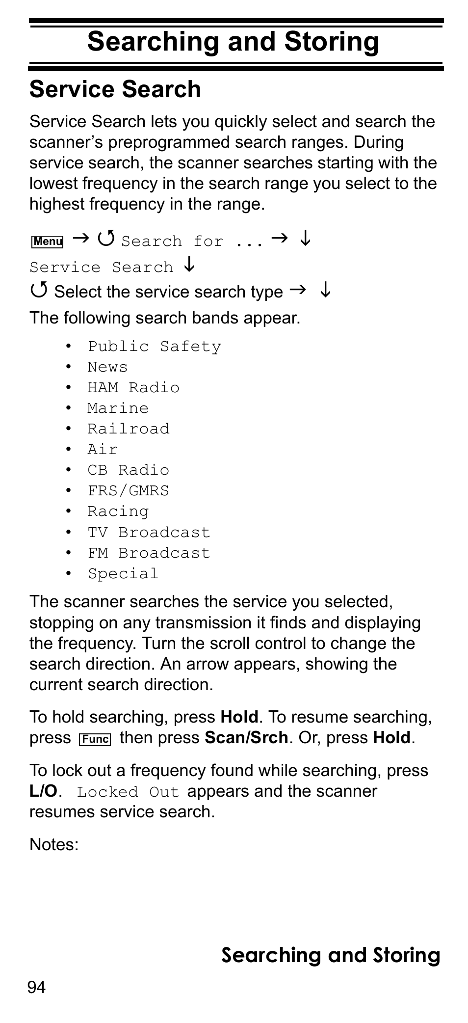 Searching and storing, Service search, Searching and storing service search | Uniden BCD396T User Manual | Page 94 / 154