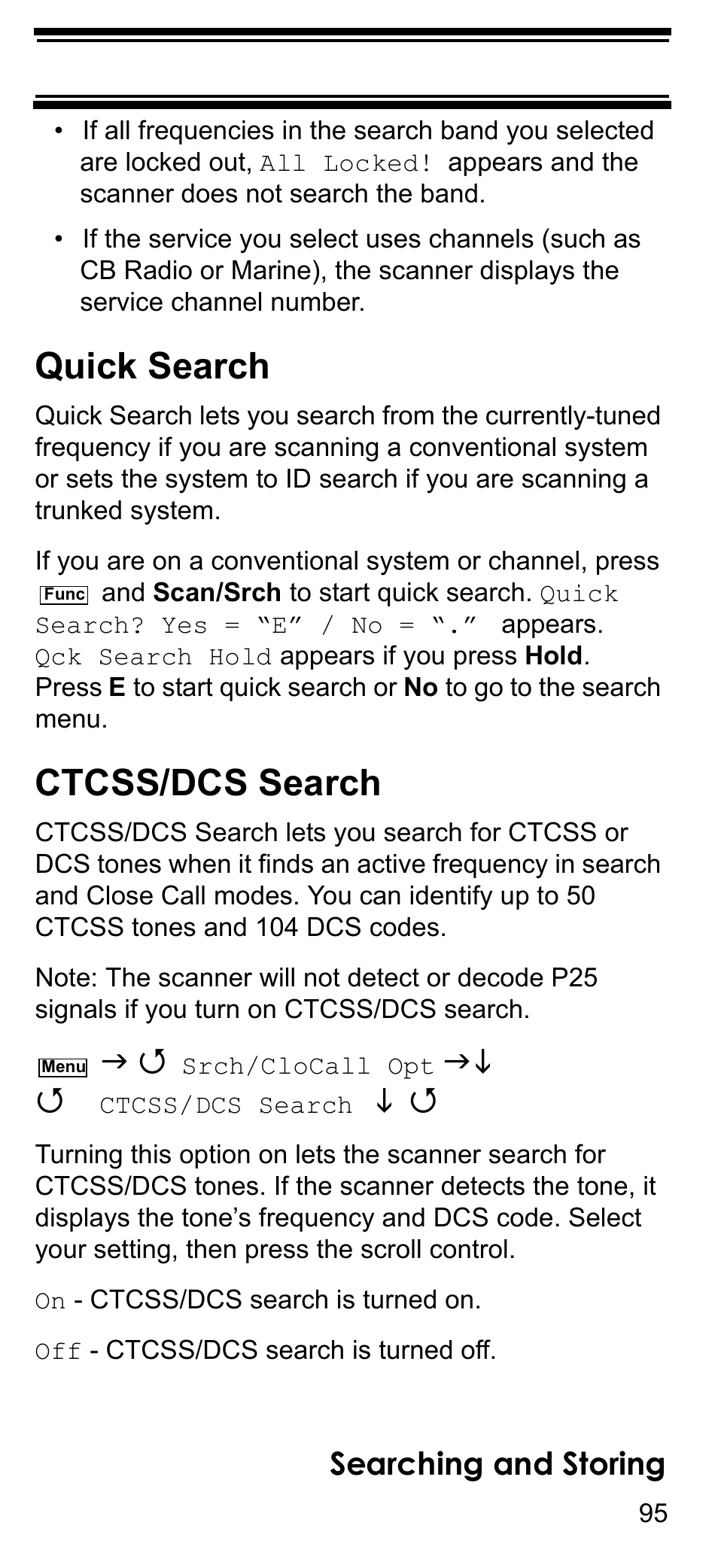 Quick search, Ctcss/dcs search, Searching and storing | Uniden BCD396T User Manual | Page 95 / 154