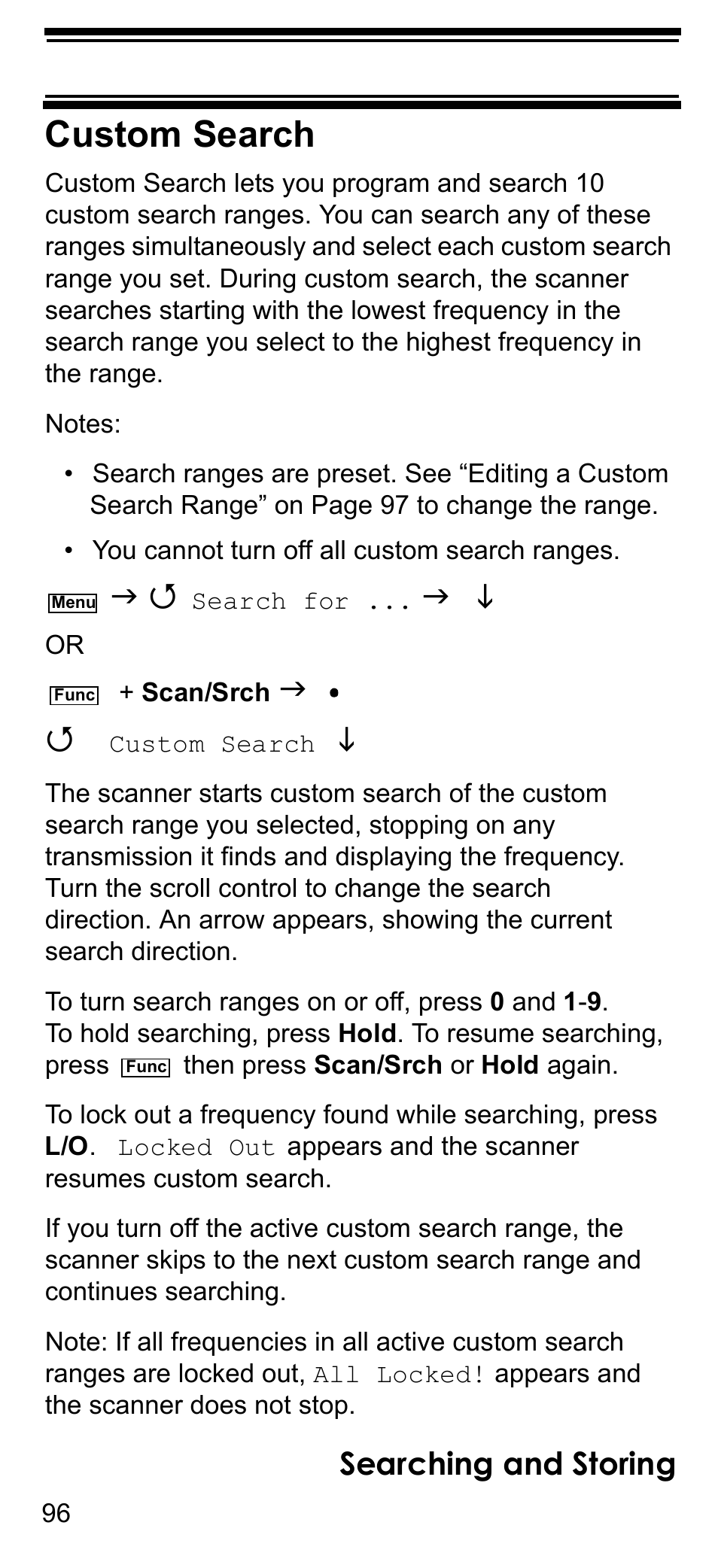 Custom search, Searching and storing | Uniden BCD396T User Manual | Page 96 / 154