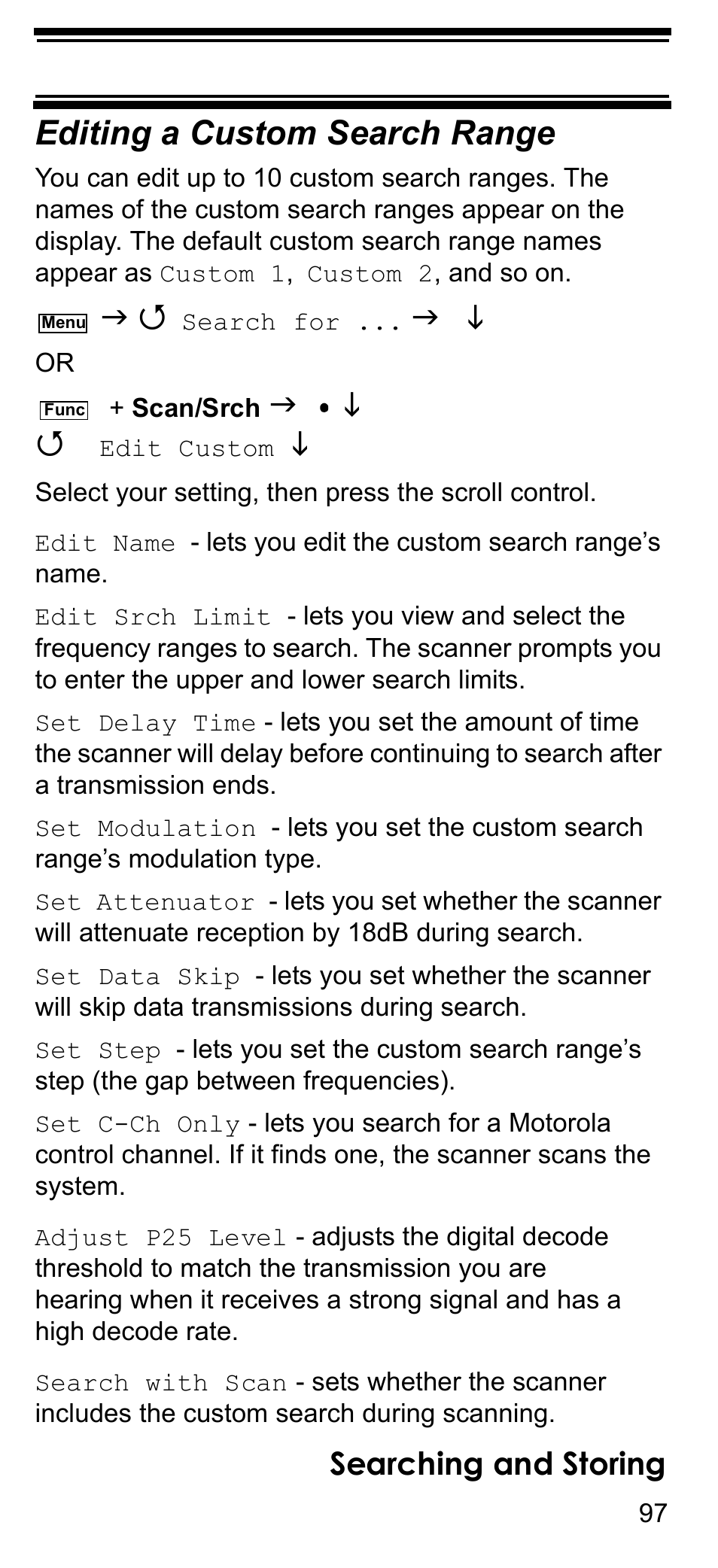 Editing a custom search range, Searching and storing | Uniden BCD396T User Manual | Page 97 / 154