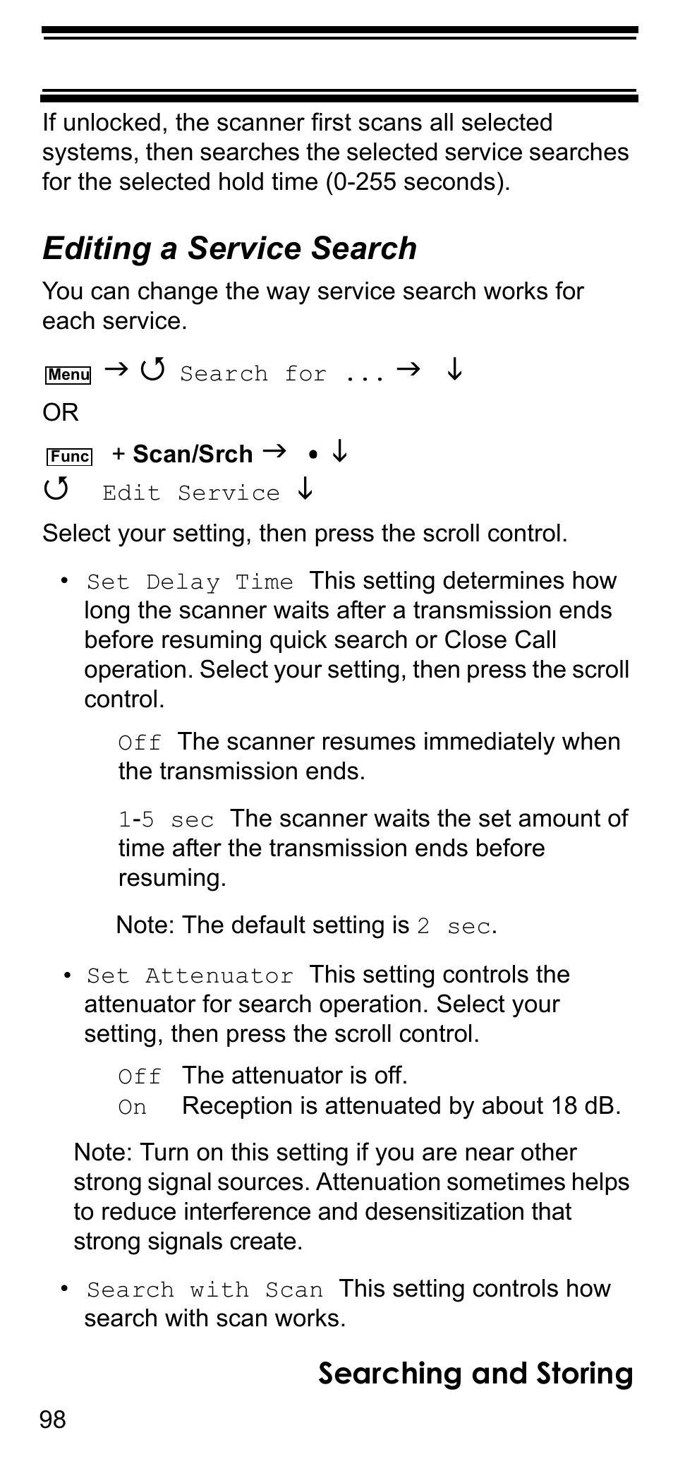 Editing a service search, Searching and storing | Uniden BCD396T User Manual | Page 98 / 154