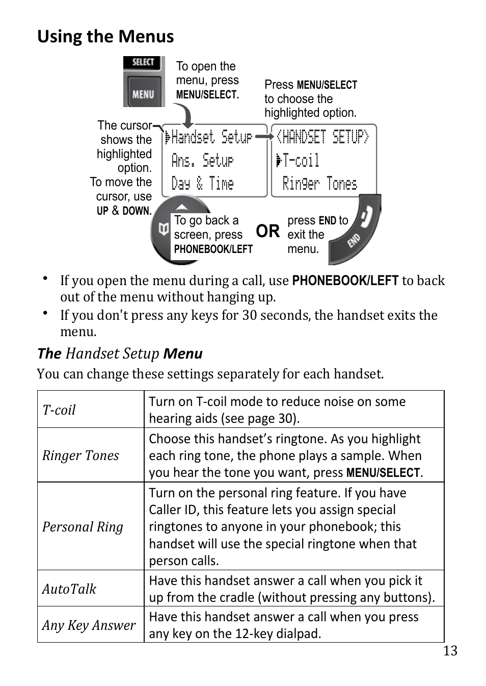 Using the menus, The handset setup menu, Handset setup ans. setup day & time | Handset setup> t-coil ringer tones | Uniden DECT3380 User Manual | Page 13 / 40