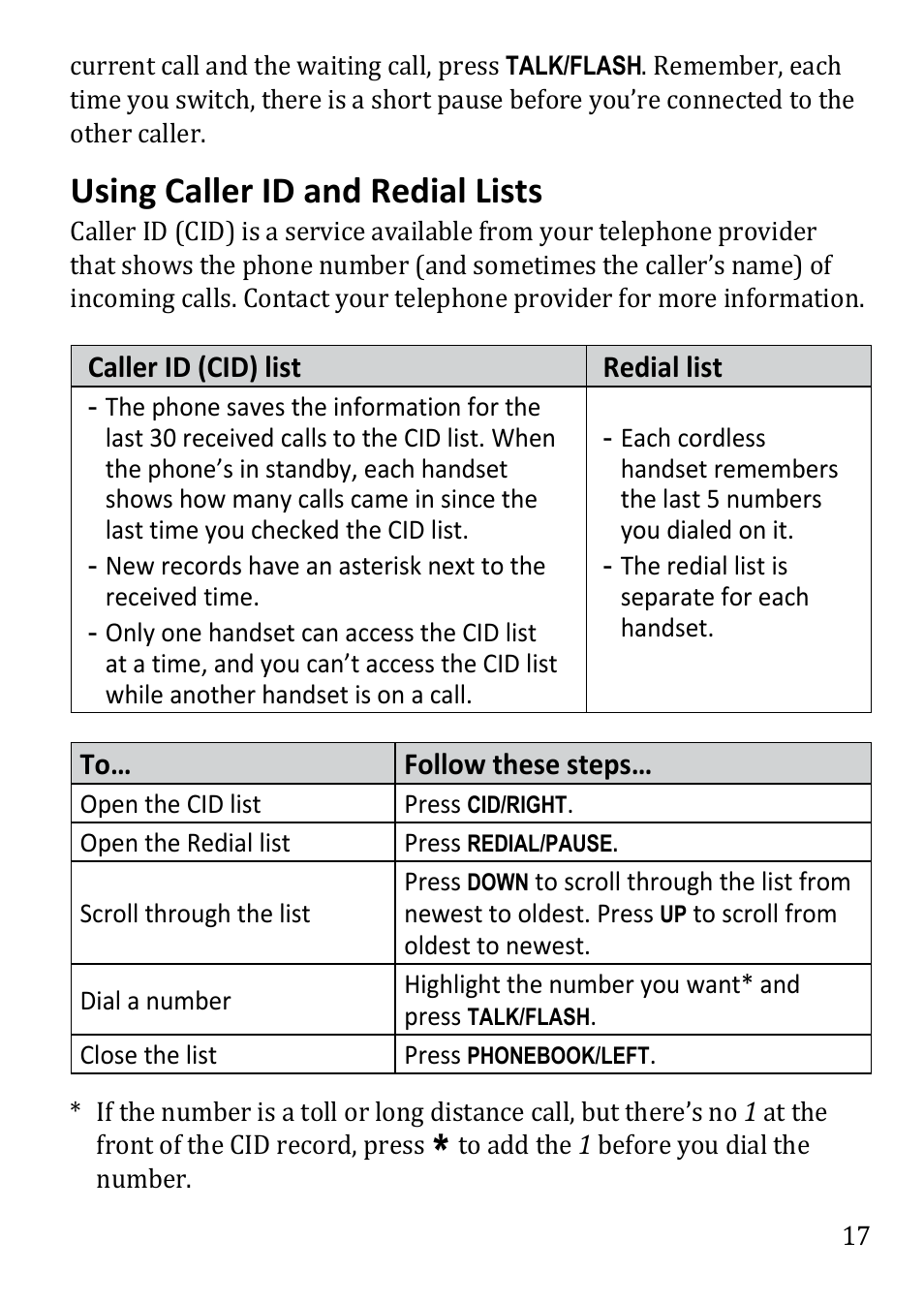 Using caller id and redial lists . 17, Using caller id and redial lists | Uniden DECT3380 User Manual | Page 17 / 40