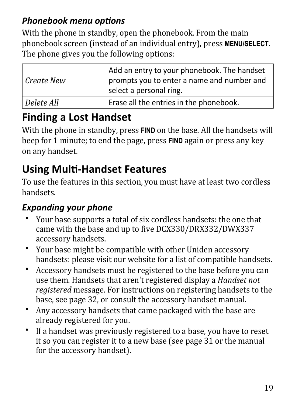 Finding a lost handset, Using multi-handset features | Uniden DECT3380 User Manual | Page 19 / 40