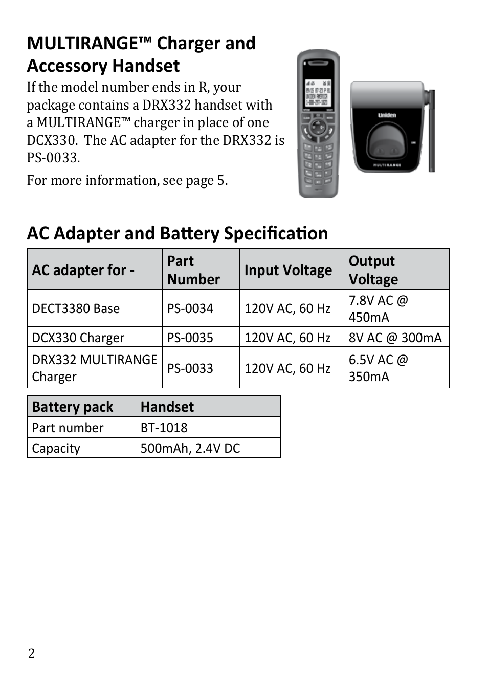 Multirange™ charger and accessory handset, Ac adapter and battery specification | Uniden DECT3380 User Manual | Page 2 / 40