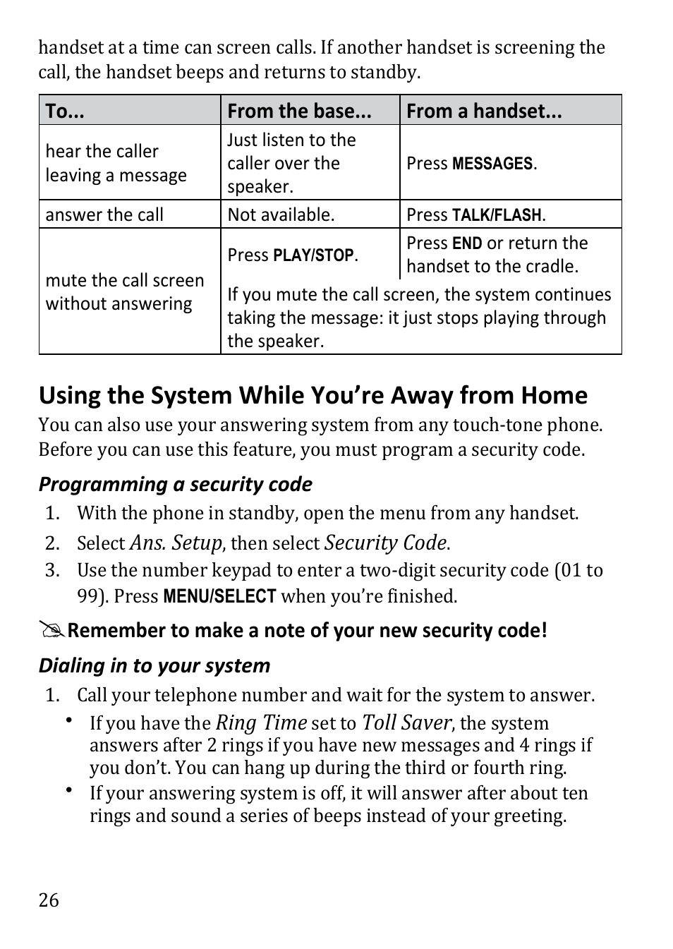 Using the system while you’re, Away from home, Using the system while you’re away from home | Uniden DECT3380 User Manual | Page 26 / 40