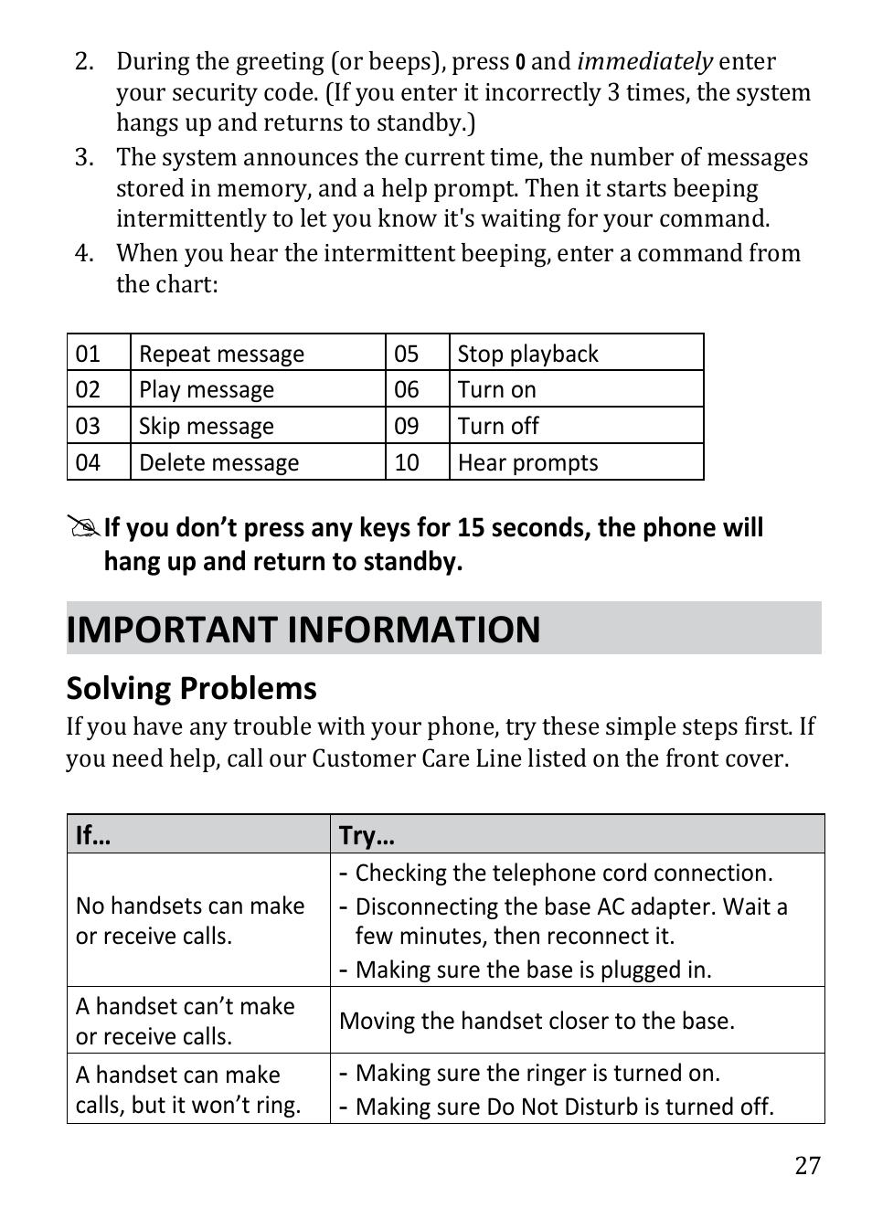 Important information, Solving problems | Uniden DECT3380 User Manual | Page 27 / 40