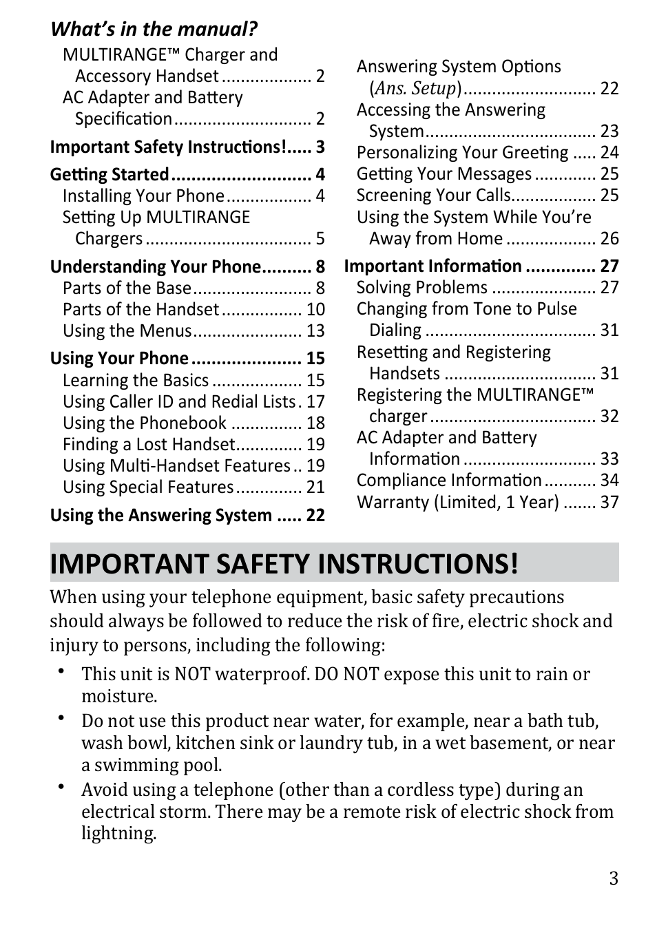 Important safety instructions | Uniden DECT3380 User Manual | Page 3 / 40