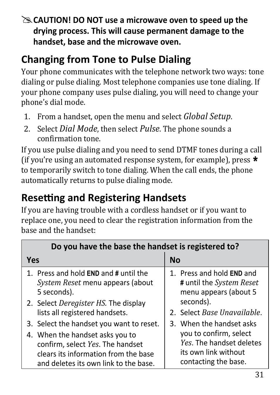 Changing from tone to pulse, Dialing, Resetting and registering | Handsets, Make a quick test call. (press, On avoiding interference, Tone or the handset display says, Setting up multirange chargers, Changing from tone to pulse dialing, Resetting and registering handsets | Uniden DECT3380 User Manual | Page 31 / 40