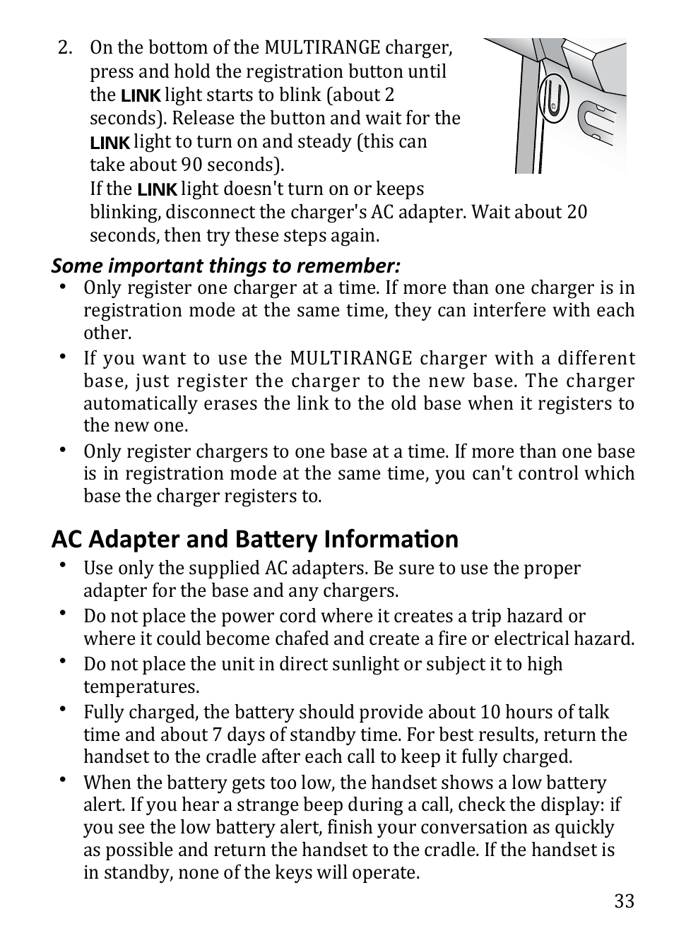 Ac adapter and battery, Information, Ac adapter and battery information | Uniden DECT3380 User Manual | Page 33 / 40