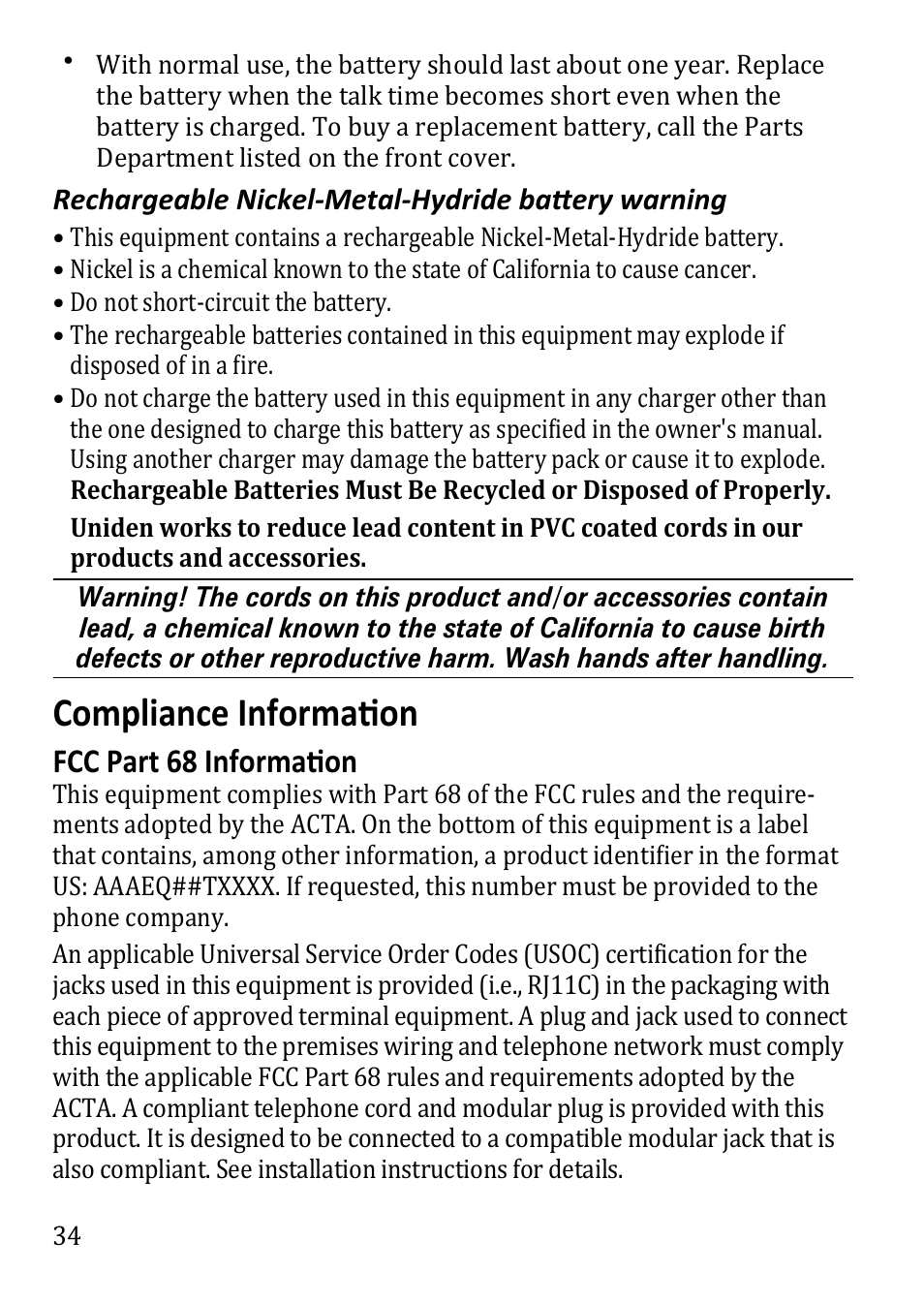 Compliance information, Fcc part 68 information | Uniden DECT3380 User Manual | Page 34 / 40