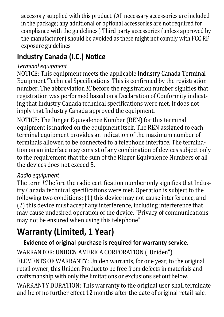 Warranty (limited, 1 year), Industry canada (i.c.) notice | Uniden DECT3380 User Manual | Page 37 / 40