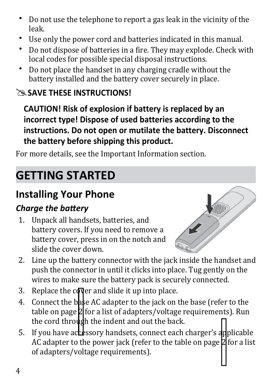 Getting started, Installing your phone | Uniden DECT3380 User Manual | Page 4 / 40