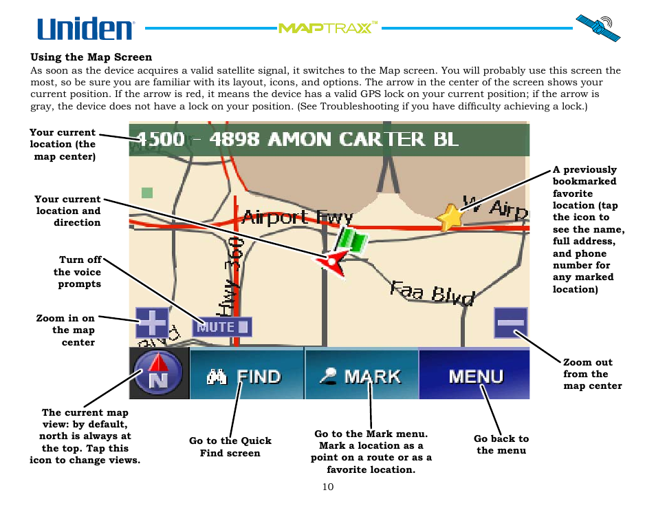 Using the map screen, Using.the.map.screen | Uniden Maptrax GPS352 User Manual | Page 10 / 35