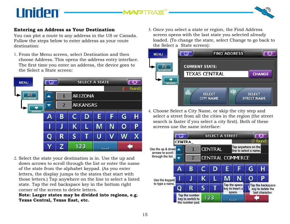 Entering an address as your destination, Entering.an.address.as.your.destination | Uniden Maptrax GPS352 User Manual | Page 15 / 35