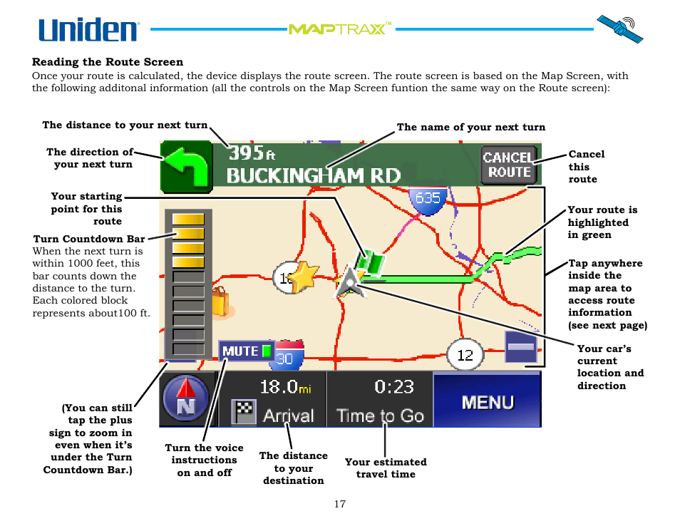 Reading the route screen, Reading.the.route.screen | Uniden Maptrax GPS352 User Manual | Page 17 / 35