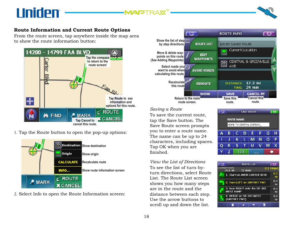 Route information and current route options, Route.information.and.current.route.options | Uniden Maptrax GPS352 User Manual | Page 18 / 35