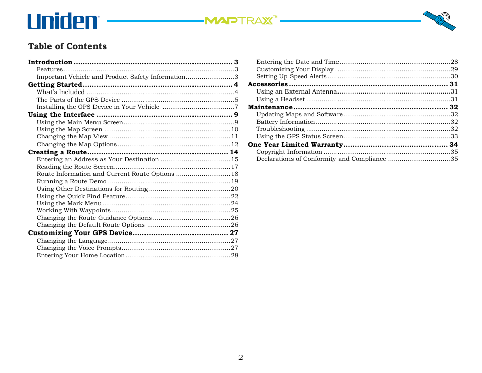 Uniden Maptrax GPS352 User Manual | Page 2 / 35
