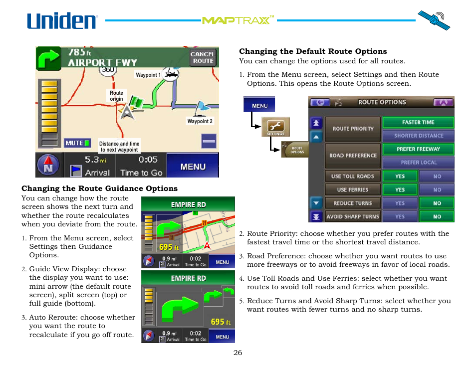 Changing the route guidance options, Changing the default route options | Uniden Maptrax GPS352 User Manual | Page 26 / 35