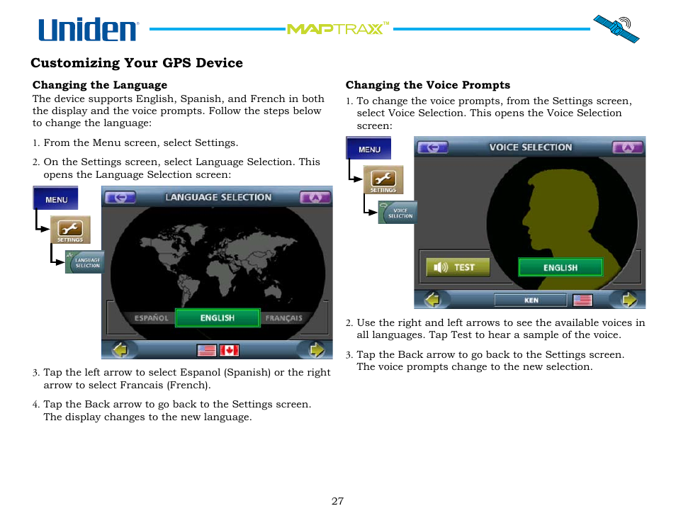 Customizing your gps device, Changing the language, Changing the voice prompts | Customizing.your.gps.device | Uniden Maptrax GPS352 User Manual | Page 27 / 35