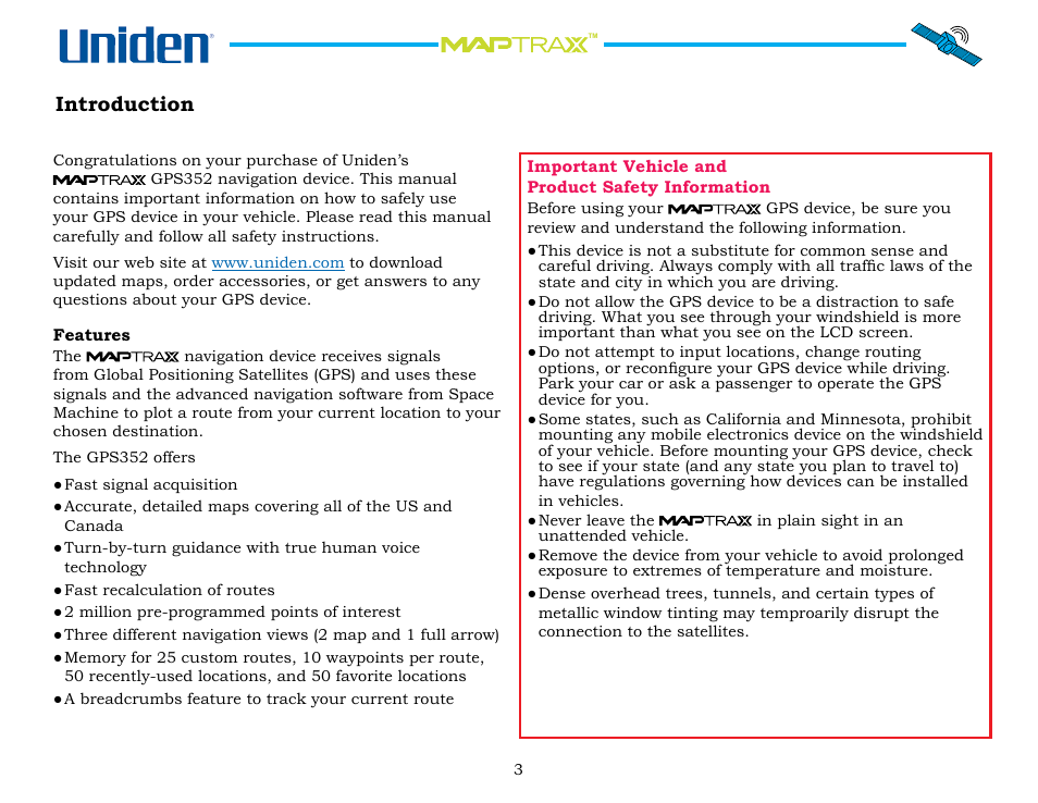 Introduction, Features, Important vehicle and product safety information | Important.vehicle.and.product.safety.information | Uniden Maptrax GPS352 User Manual | Page 3 / 35