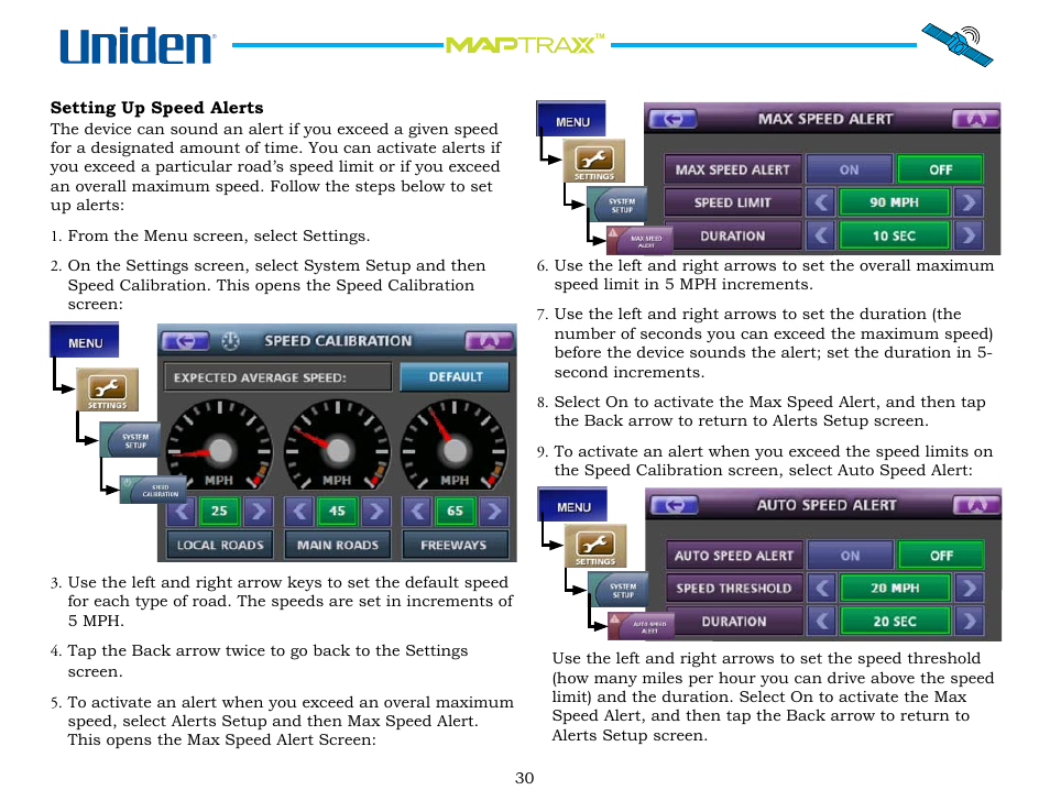 Setting up speed alerts, Setting.up.speed.alerts | Uniden Maptrax GPS352 User Manual | Page 30 / 35