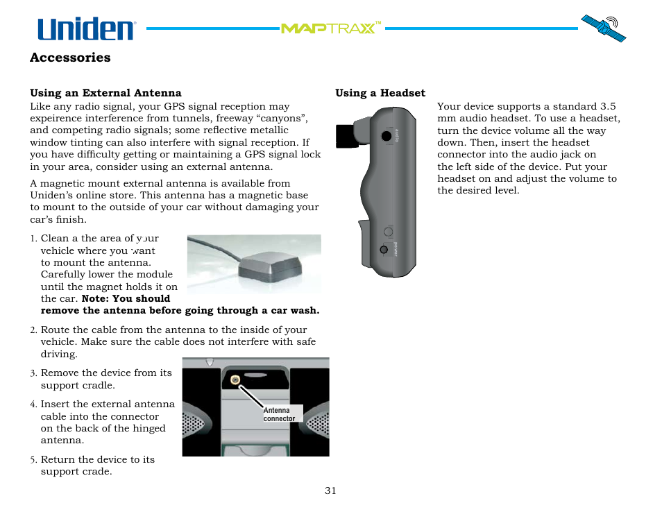 Accessories, Using an external antenna, Using a headset | Using.an.external.antenna, Using.a.headset | Uniden Maptrax GPS352 User Manual | Page 31 / 35