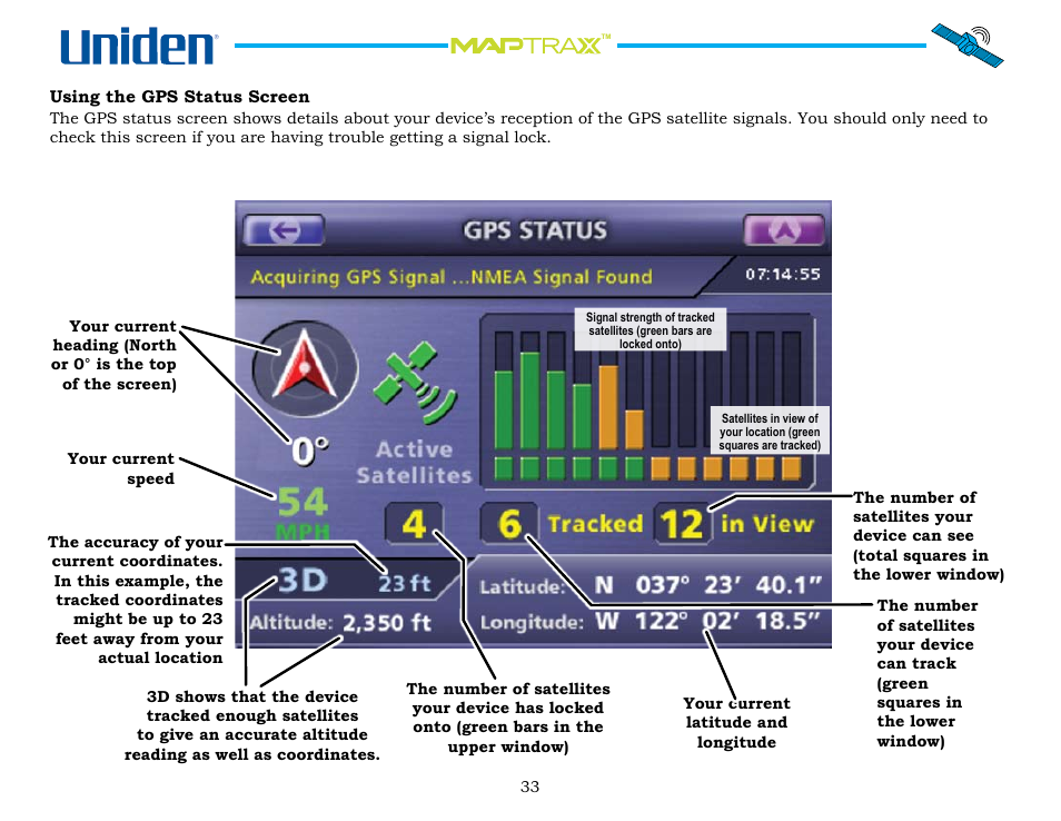 Using the gps status screen, Using.the.gps.status.screen | Uniden Maptrax GPS352 User Manual | Page 33 / 35