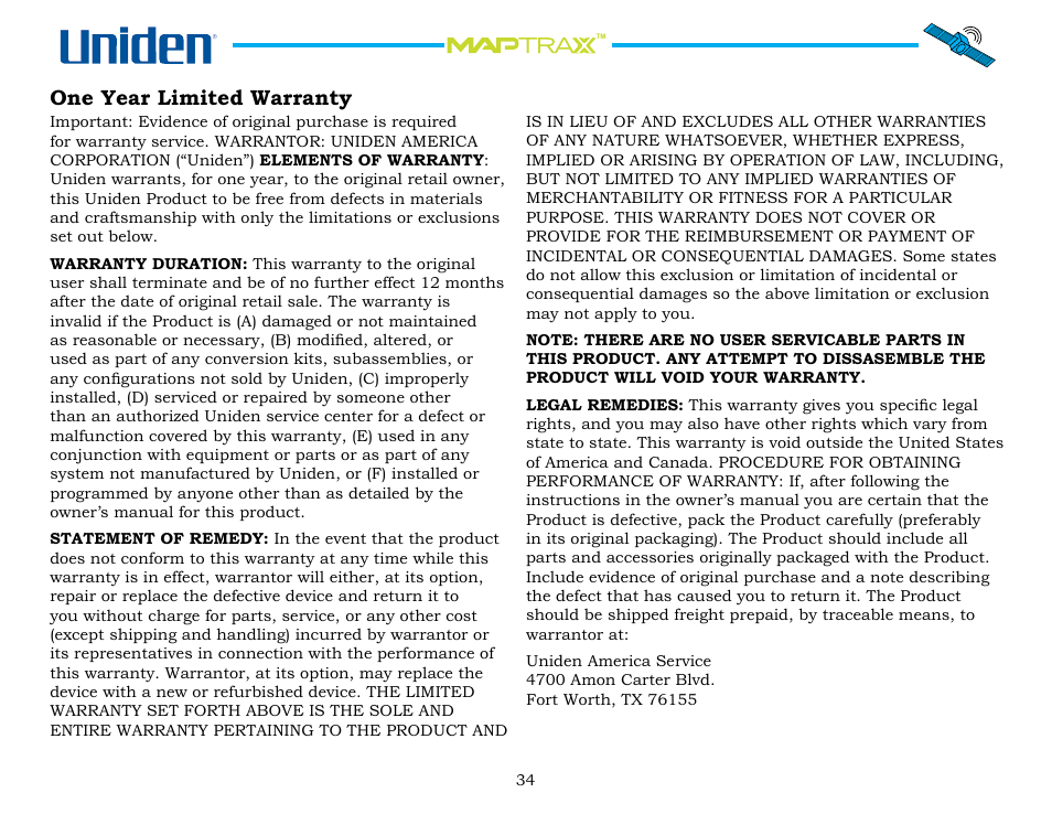 One year limited warranty, One.year.limited.warranty | Uniden Maptrax GPS352 User Manual | Page 34 / 35