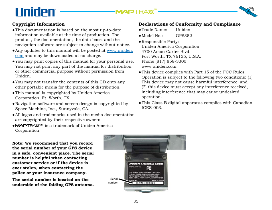 Copyright information, Declarations of conformity and compliance, Copyright.information | Declarations.of.conformity.and.compliance | Uniden Maptrax GPS352 User Manual | Page 35 / 35