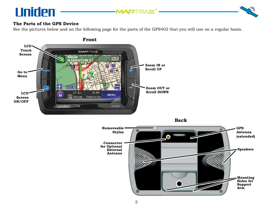 The parts of the gps device, The.parts.of.the.gps.device, Front | Back | Uniden Maptrax GPS352 User Manual | Page 5 / 35