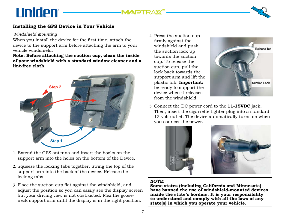Installing the gps device in your vehicle, Installing.the.gps.device.in.your.vehicle | Uniden Maptrax GPS352 User Manual | Page 7 / 35